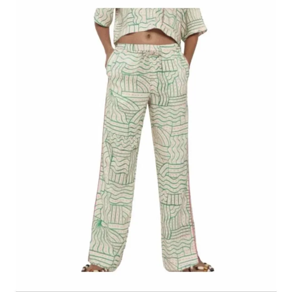 Zara Linen Blend Graffiti Print Pant  Cream Green Pink Jogger Pajama Trouser siz